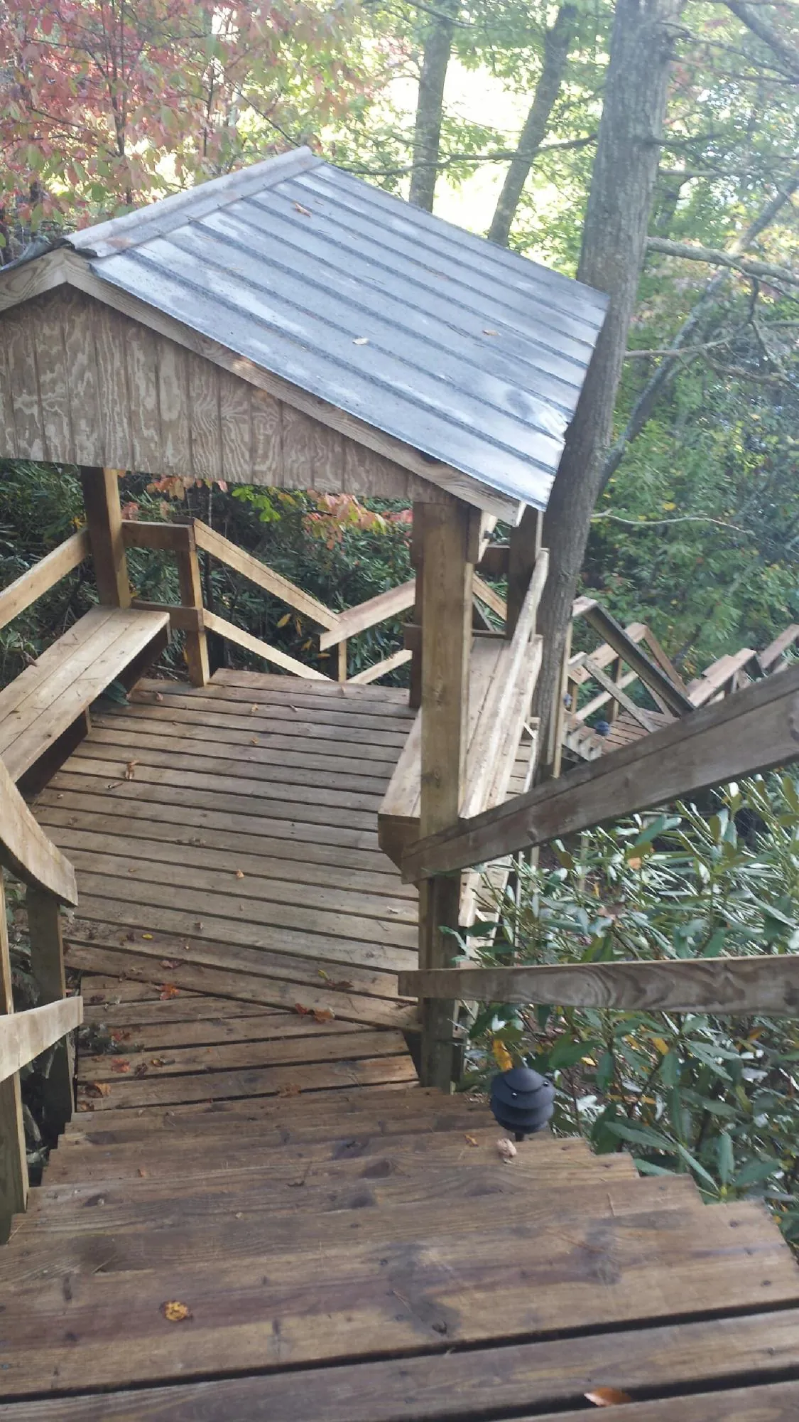 Metal roofed shelter over wooden steps on a wooded walkway — Skylight Repair & Installation work by our crew in Rosanky
